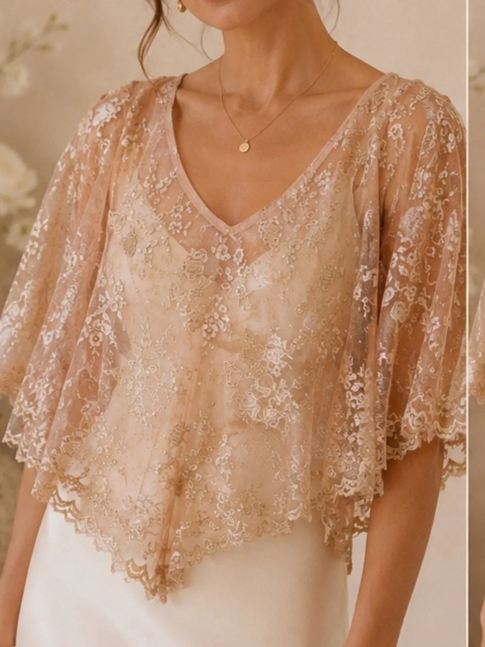 NWT Delicate Lace Capelet Wrap in Champagne Peach By Tulip B Coverup Shawl